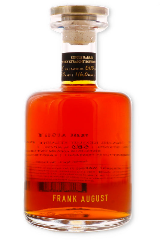 Bottle of Frank August whiskey on a white background
