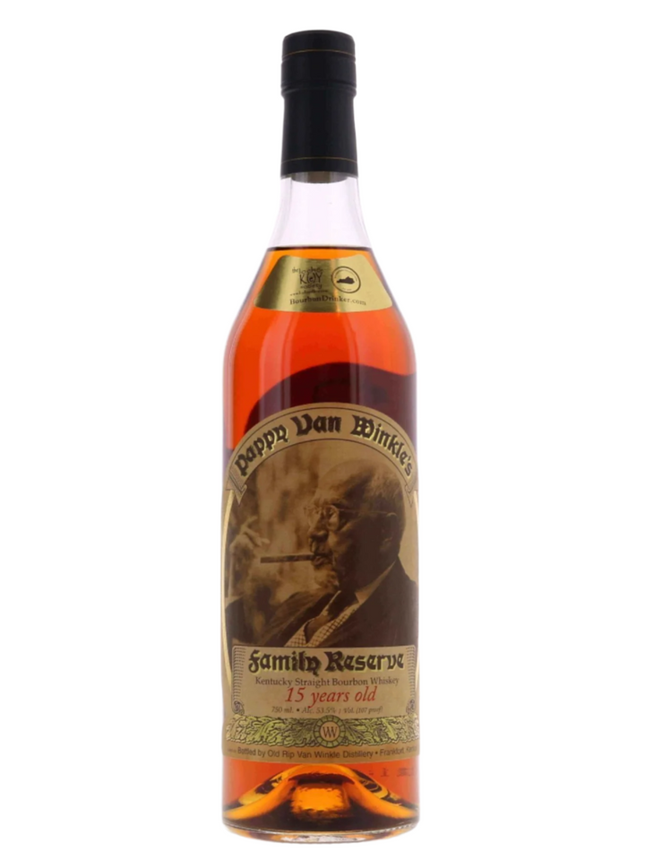 Bottle of Pappy Van Winkle's Family Reserve whiskey on a white background