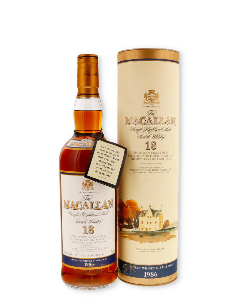 Macallan 18 Year Old Single Malt 1986 750ml [Round Bottle / Tube] - Flask Fine Wine & Whisky