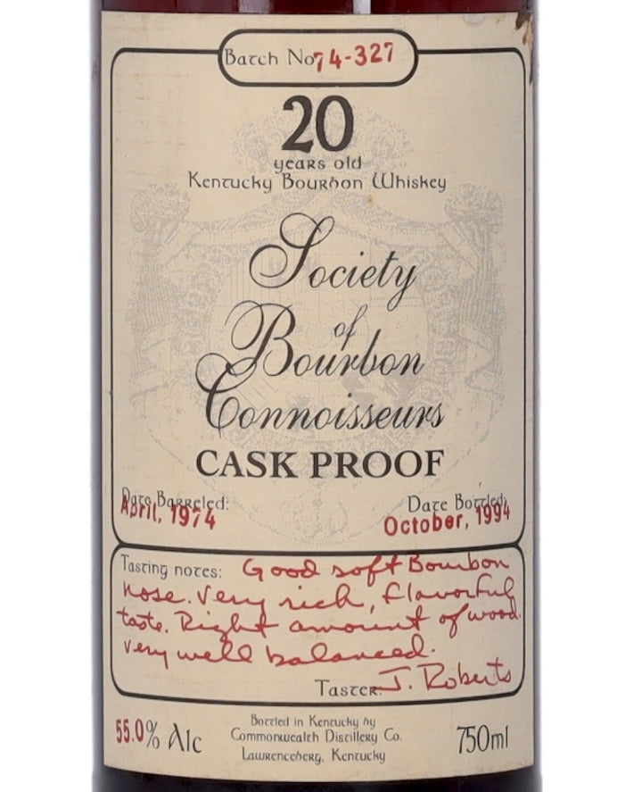 Society of Bourbon Connoisseurs 20 Year Old Cask Strength Bourbon 110 Proof 1974 (Old Commonwealth)