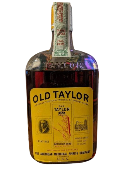 1915 Old Taylor Bourbon Bottled 1933 Prohibition Bottling Quart, low fill