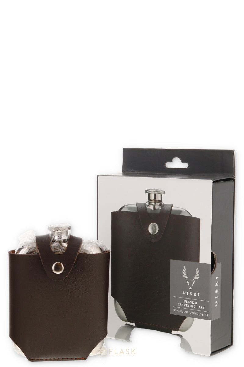 Harrison Flask with Traveling Case in Leather and Stainless - Flask Fine Wine & Whisky