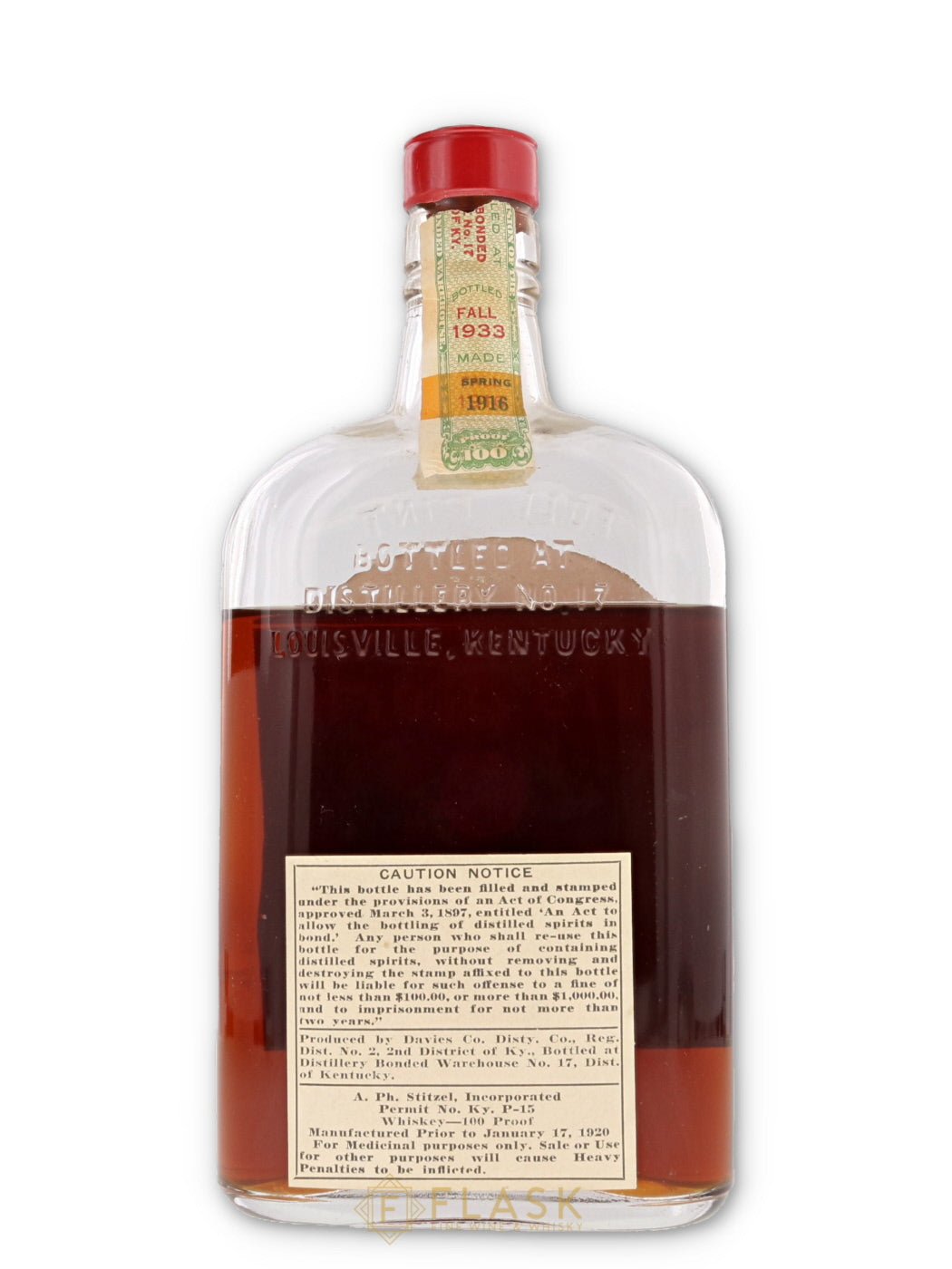 Old Mock PH Stitzel 18 Year Old Prohibition Bourbon Full Pint 1917