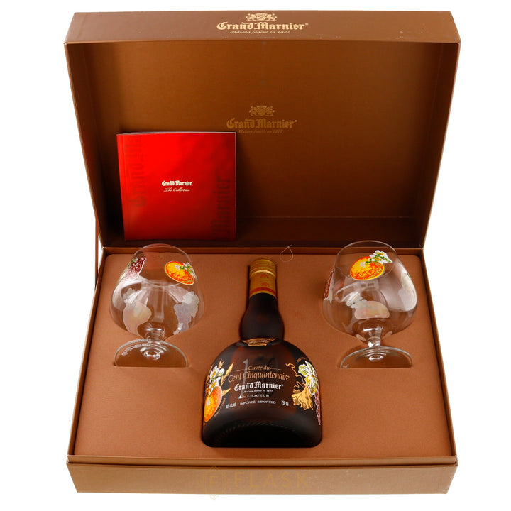 Grand Marnier 150 Cent Cinquantenaire Gift Set with 2 Painted Glasses - Flask Fine Wine & Whisky