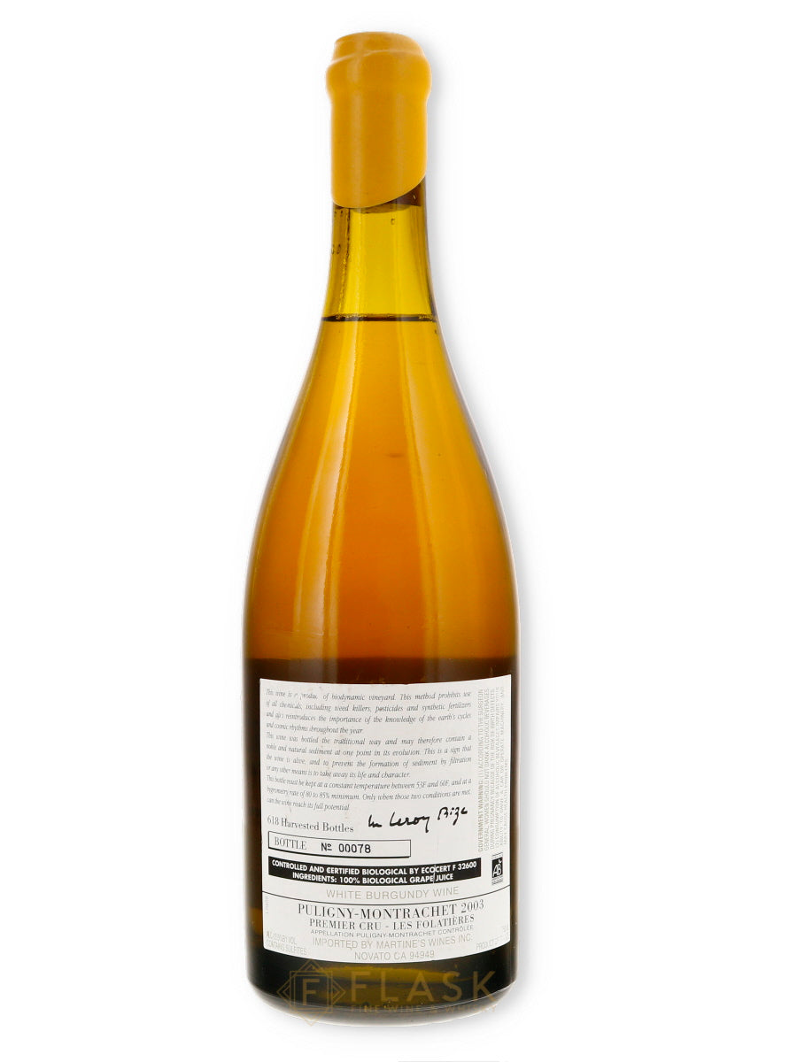 Lalou Bize Leroy Domaine D'Auvenay Puligny Montrachet Les Folatieres 2003 [Bottle #78 Good Wax] - Flask Fine Wine & Whisky