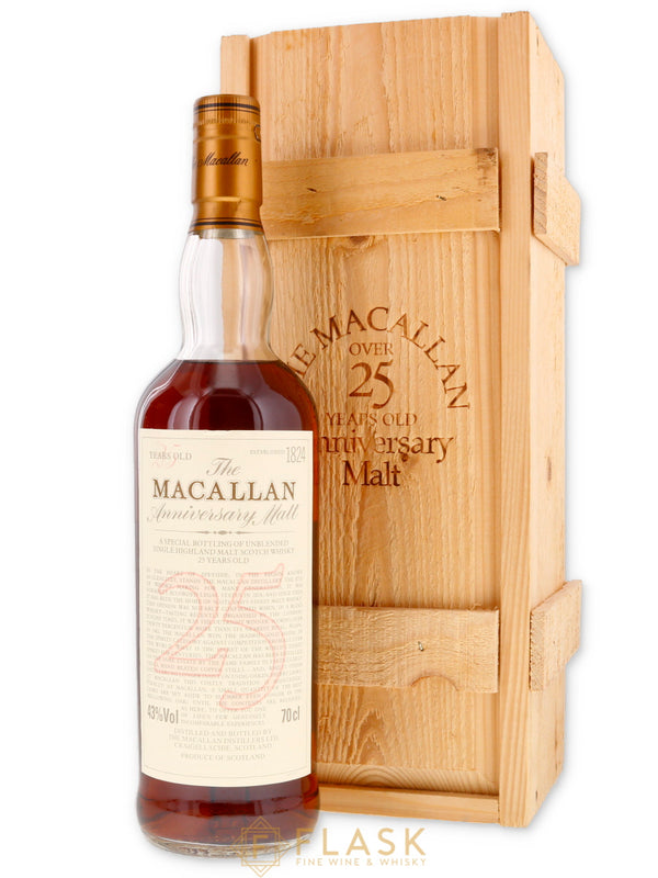 Macallan 25 Year Old Anniversary Malt Early 2000s Wood Box - Flask Fine Wine & Whisky