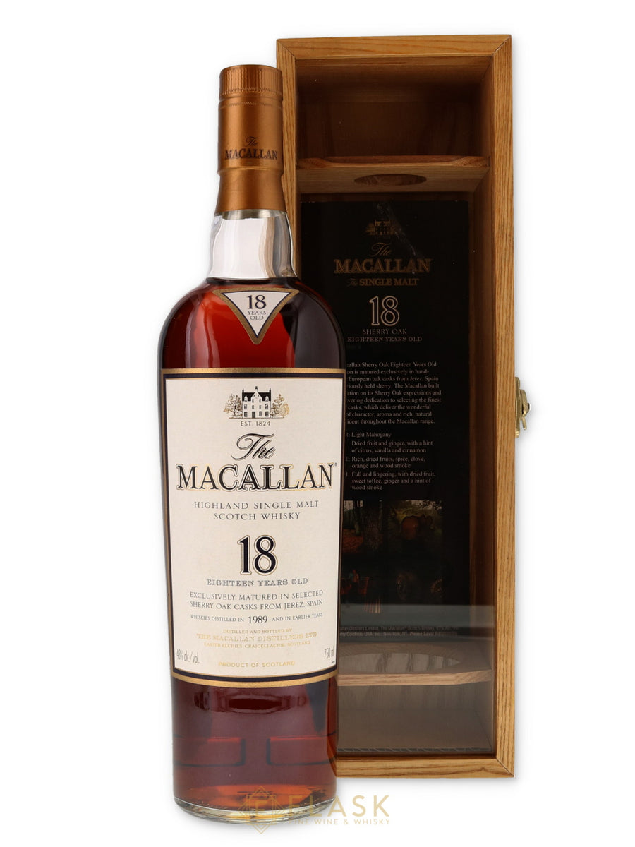 Macallan 18 Year Old Sherry Oak 1989 750ml [Wood Box] - Flask Fine Wine & Whisky