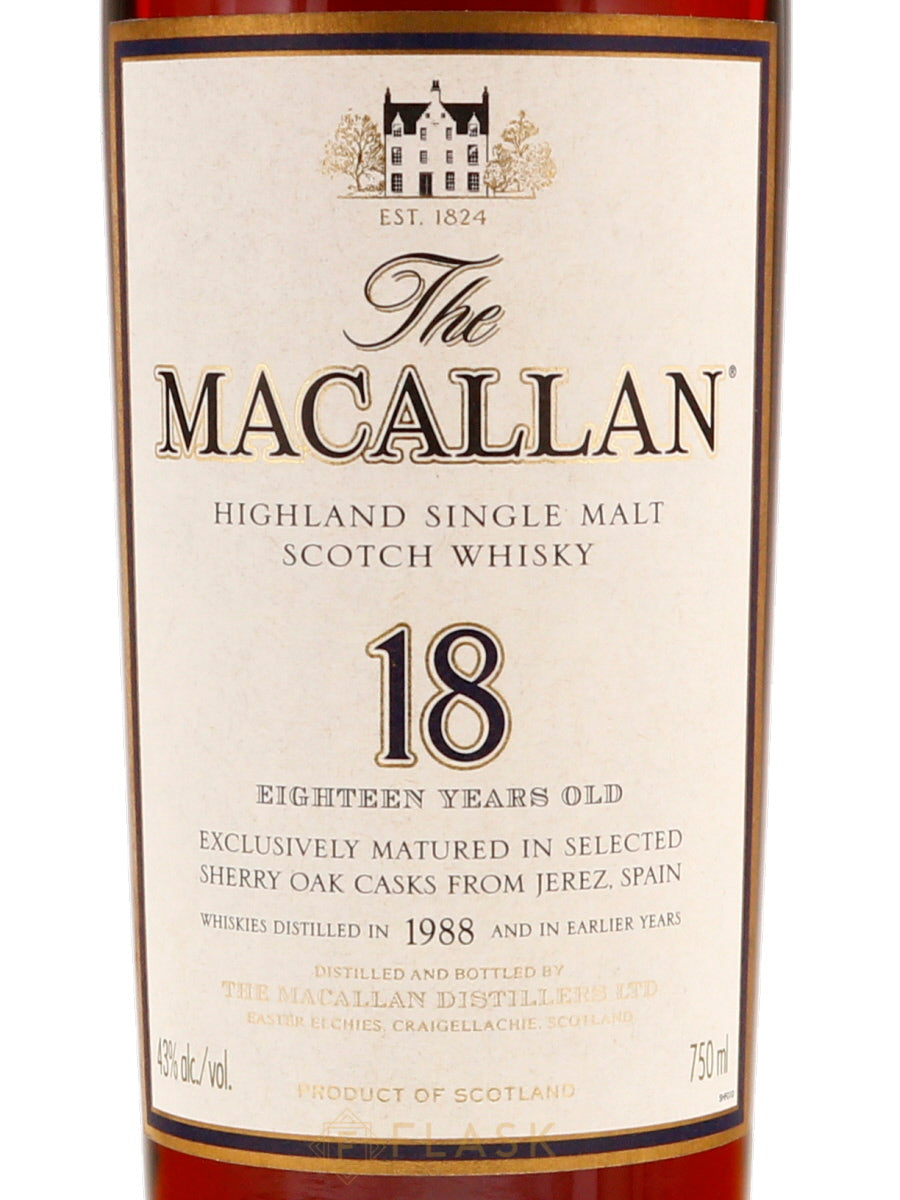 Macallan 18 Year Old Sherry Oak Single Malt 1988 750ml Bottle - Flask Fine Wine & Whisky