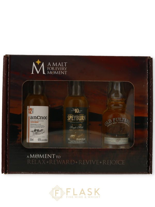 A Malt For Every Moment Gift Set 3x 50ml AnCnoc 12yr & Speyburn 10yr & Old Pulteney 12yr - Flask Fine Wine & Whisky