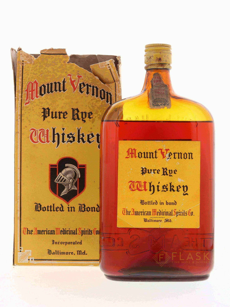 Mount Vernon Prohibition Era Bottling 1921 AMS Co Bottled in Bond Pure Rye Whiskey 1 Quart - Flask Fine Wine & Whisky