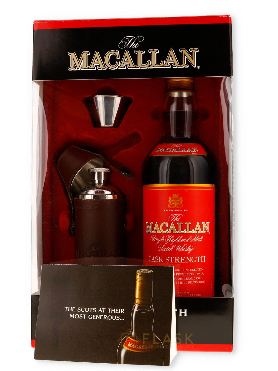 Macallan Cask Strength Red Label Gift Box Set With Luxury Hip Flask - Flask Fine Wine & Whisky