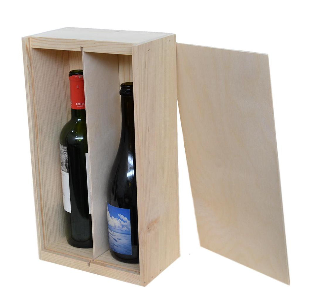 2 Bottle Wood Large Slide Top Gift Box - Flask Fine Wine & Whisky