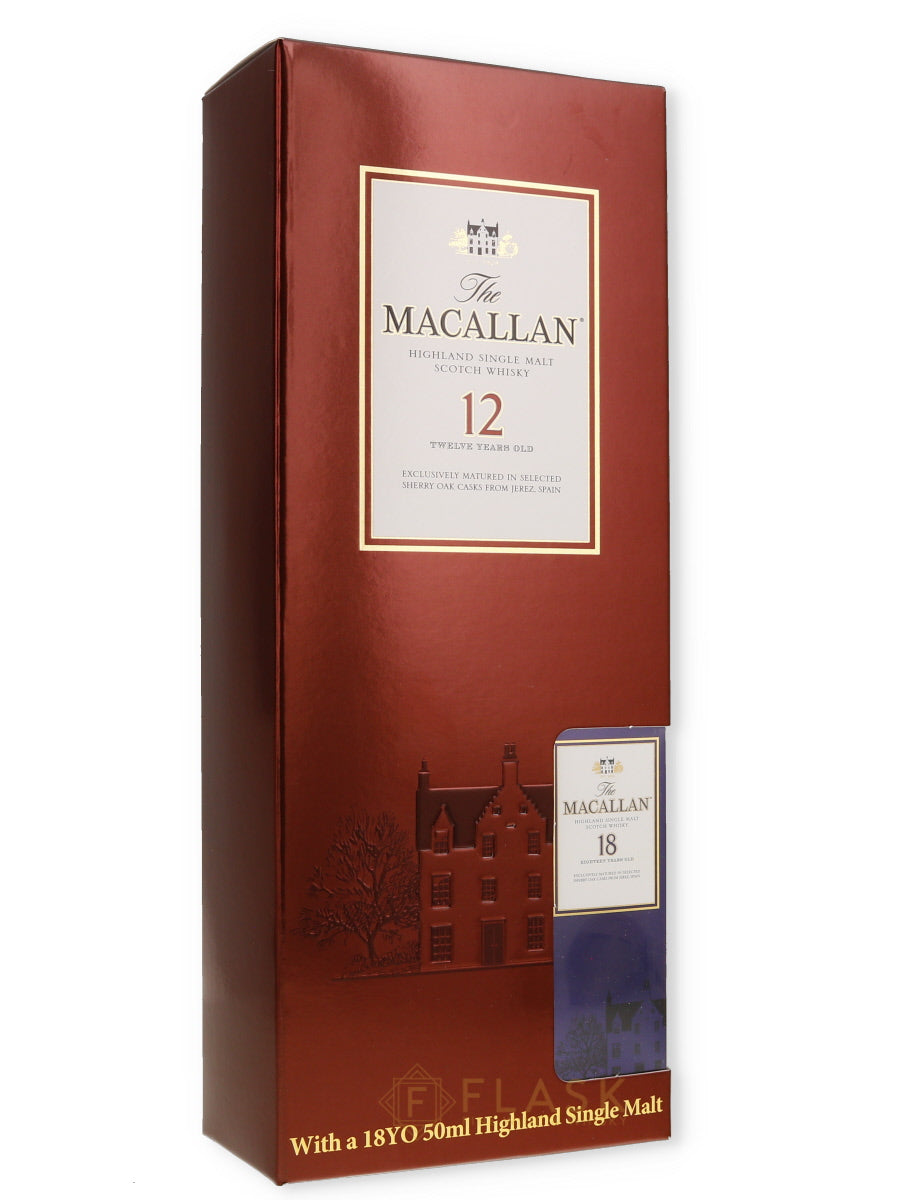 Macallan 12 Year Old Sherry Oak 750ml with 18 Year Old Mini Gift Set - Flask Fine Wine & Whisky