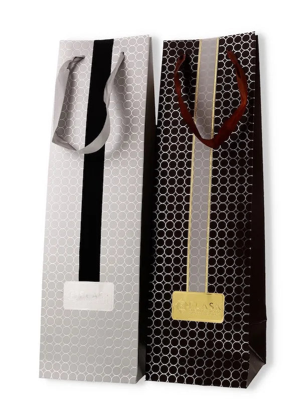 Patterned Flask gift bags with ribbon and branded labels