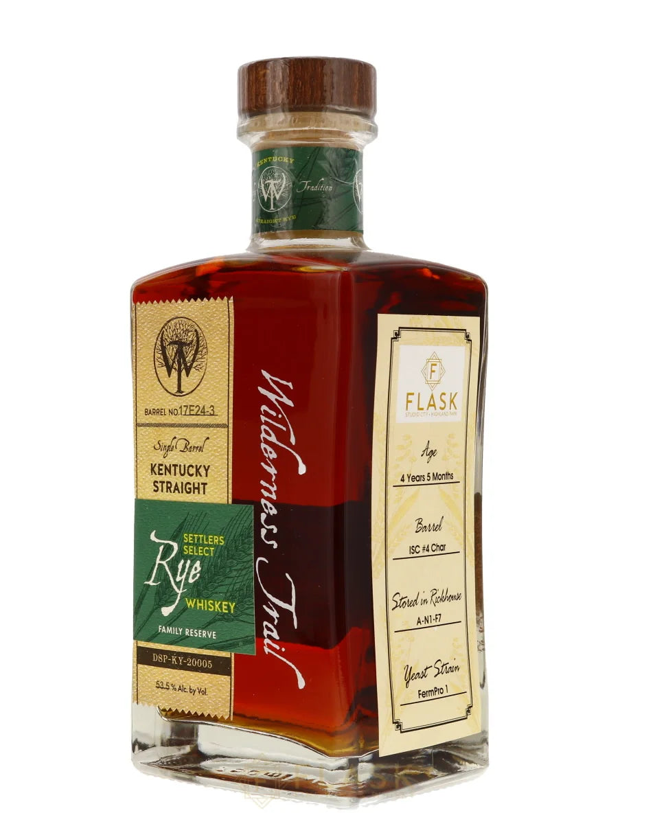 Flask private single-barrel Wilderness Trail rye whiskey with custom-branded label.