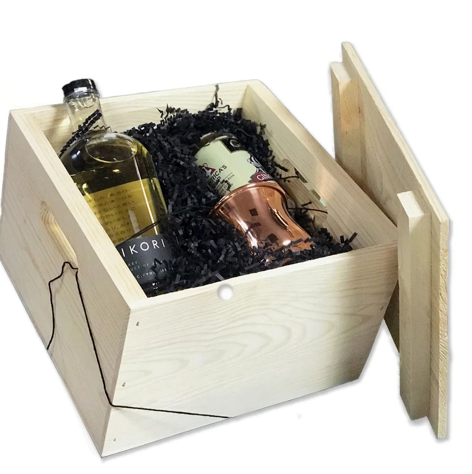 Kikori and another spirit presented in an open wooden gift box with its lid alongside