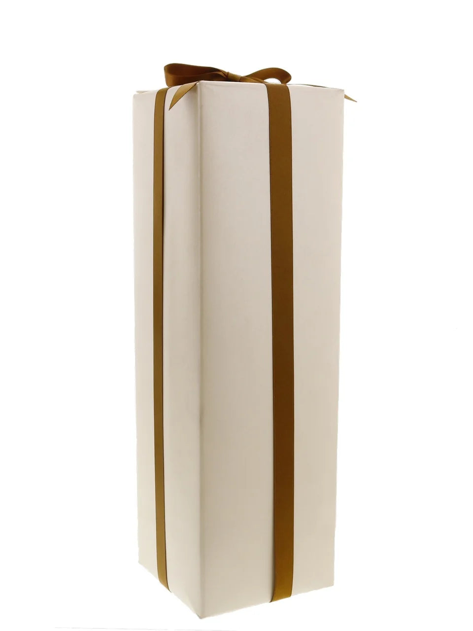 Bottle wrapped in cream paper with gold ribbon